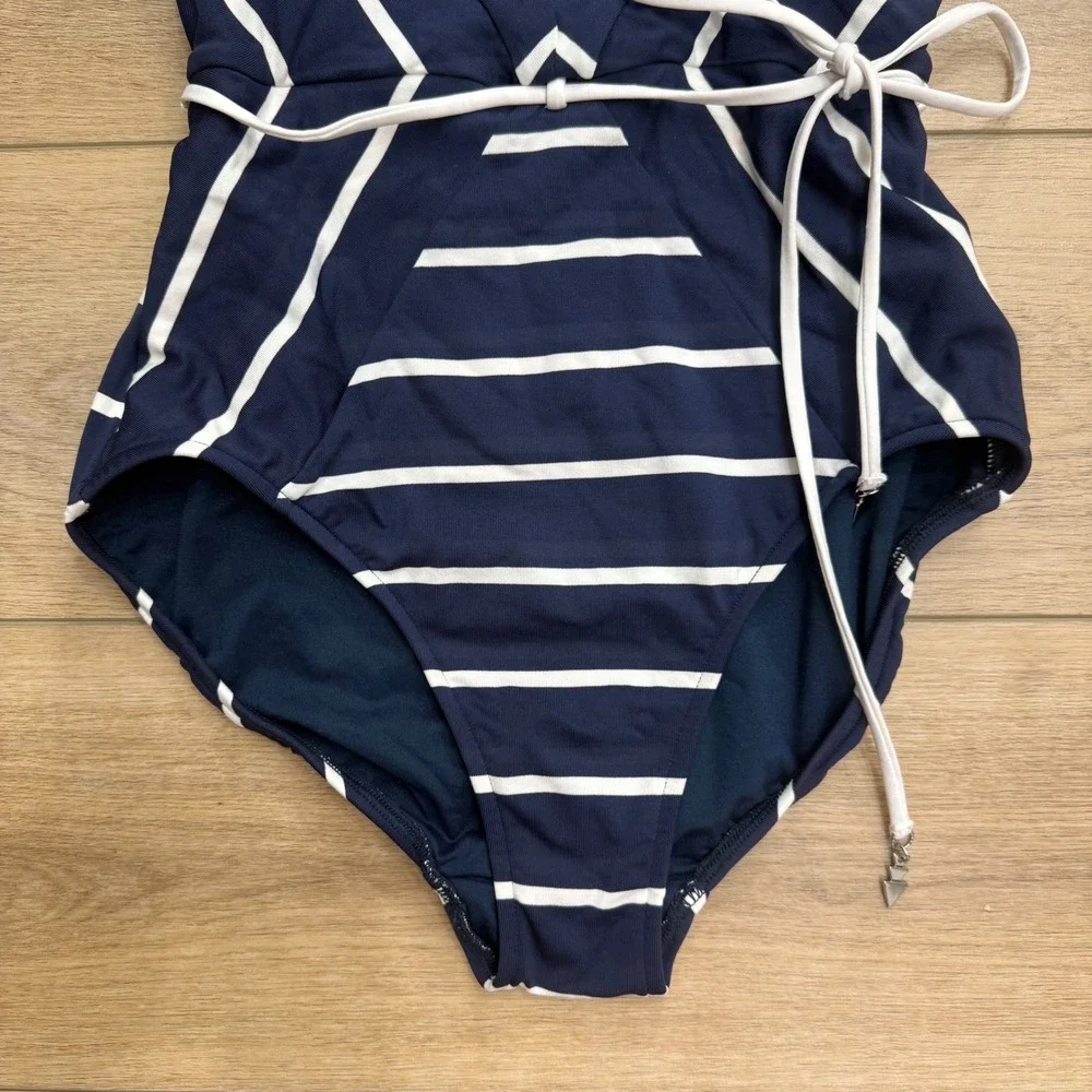 Seafolly Australia Navy Blue White Striped Bandeau One Piece Swimsuit Size 14